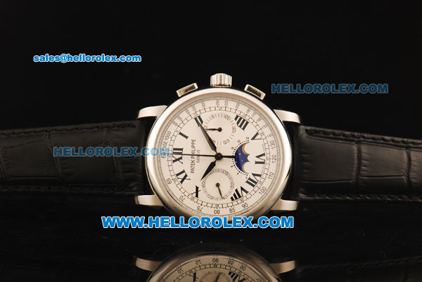Patek Philippe Moonphase Chronograph Swiss Valjoux 7750 Manual Winding Movement Steel Case with White Dial and Black Leather Strap - Click Image to Close